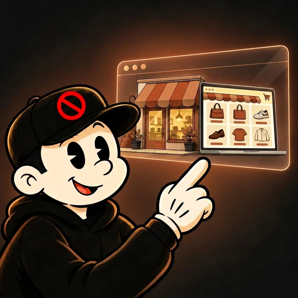 No Cap Guy señala con el dedo el catálogo digital de una tienda.